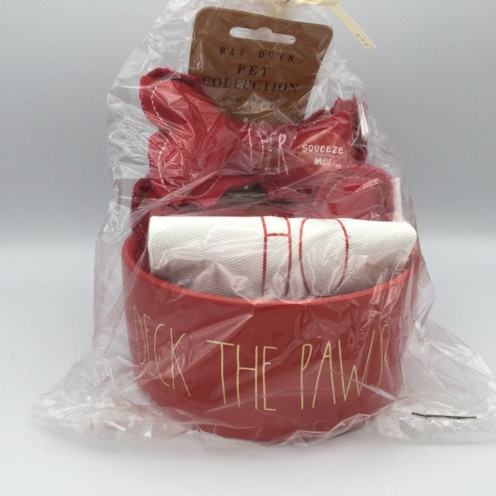 Rae Dunn "Deck the Paws" 6” Pet Bowl Bandana and Dog Toys Set Red Bowl and Bones